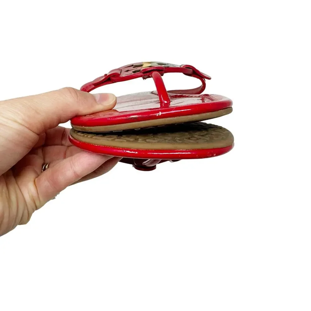 TORY BURCH Red Rainbow Patent Leather Miller Sandals Logo Medallion Size 7